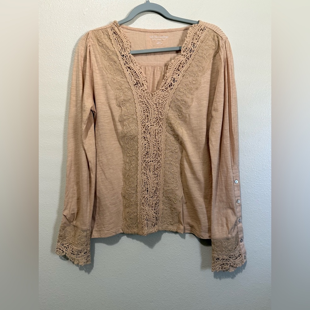 Soft surroundings, top blouse tan sand small feminine Victorian embroidered